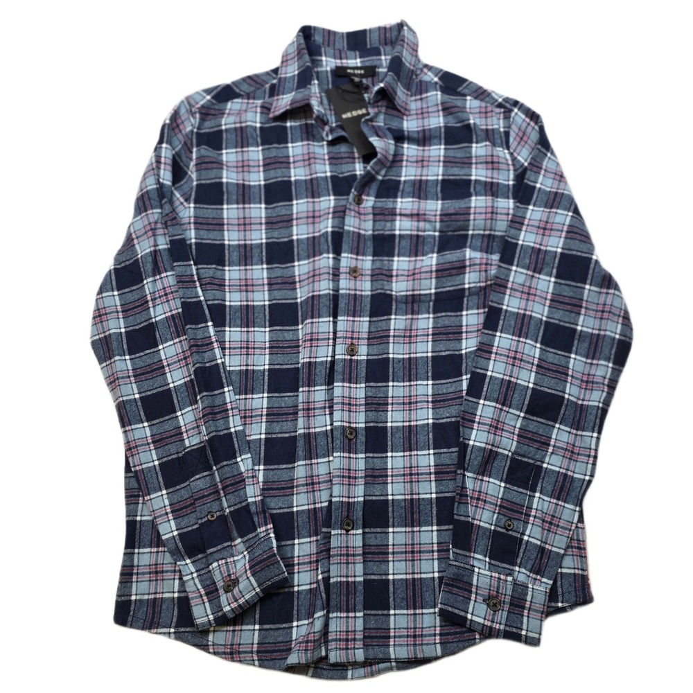HEDGE Flannel Shirt Mens Small Blue Plaid Long Sleeve Button Up NEW‎